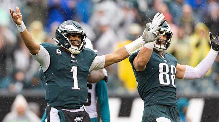Oct 2, 2022; Philadelphia, Pennsylvania, USA; Philadelphia Eagles quarterback Jalen Hurts (1) and tight end Dallas Goedert (88) react as time winds down on a victory against the Jacksonville Jaguars at Lincoln Financial Field.